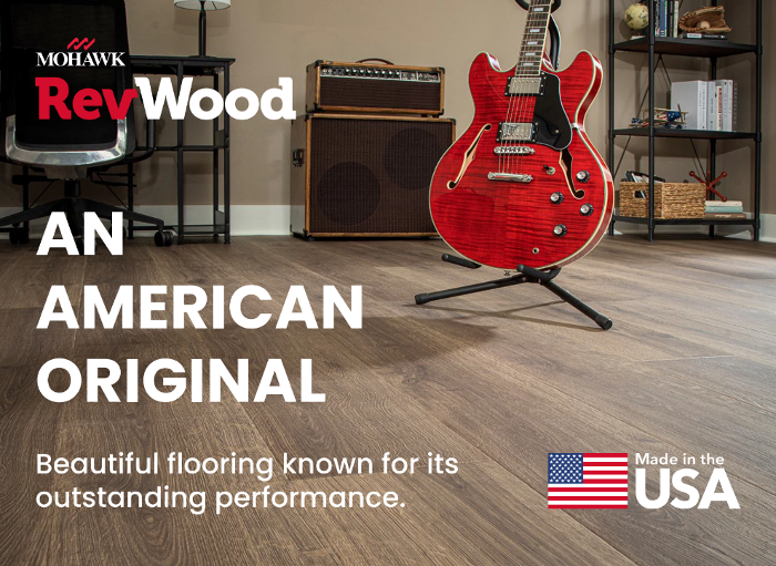 RevWood Ad featuring a red guitar on a wood floor